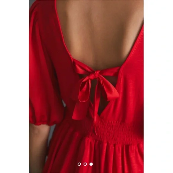ANTHROPOLOGIE Cut Out Deep V-Neck Short Sleeve Blouse Top Smocked Red Size S NWT - Picture 3 of 5